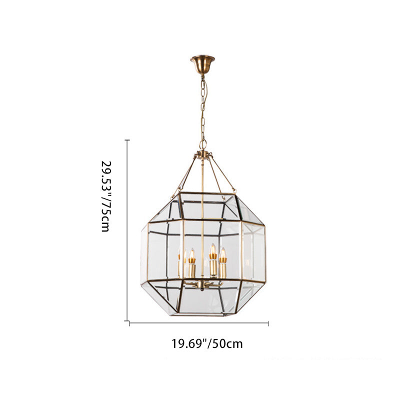 Contemporary Retro Polygonal Sphere Full Copper Glass Lampshade 3/4 - Light Chandelier For Living Room