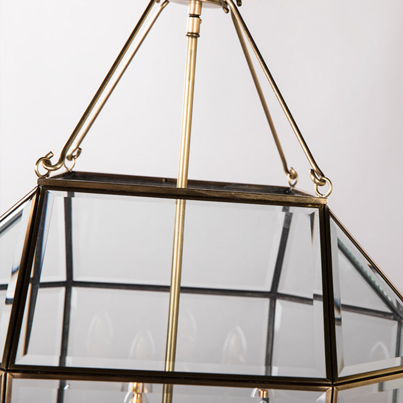 Contemporary Retro Polygonal Sphere Full Copper Glass Lampshade 3/4 - Light Chandelier For Living Room