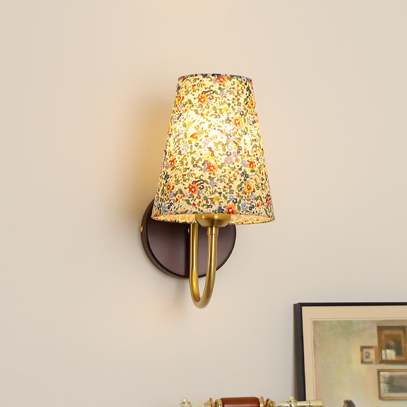 Contemporary Retro Flower Pattern Solid Wood Hardware PVC Fabric Lampshade 1- Light Wall Sconce Lamp For Living Room