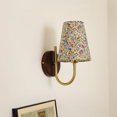 Contemporary Retro Flower Pattern Solid Wood Hardware PVC Fabric Lampshade 1- Light Wall Sconce Lamp For Living Room