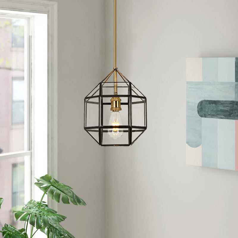 Contemporary Scandinavian Polygonal Cube Copper Glass Lampshade 1 - Light Pendant Light For Dining Room