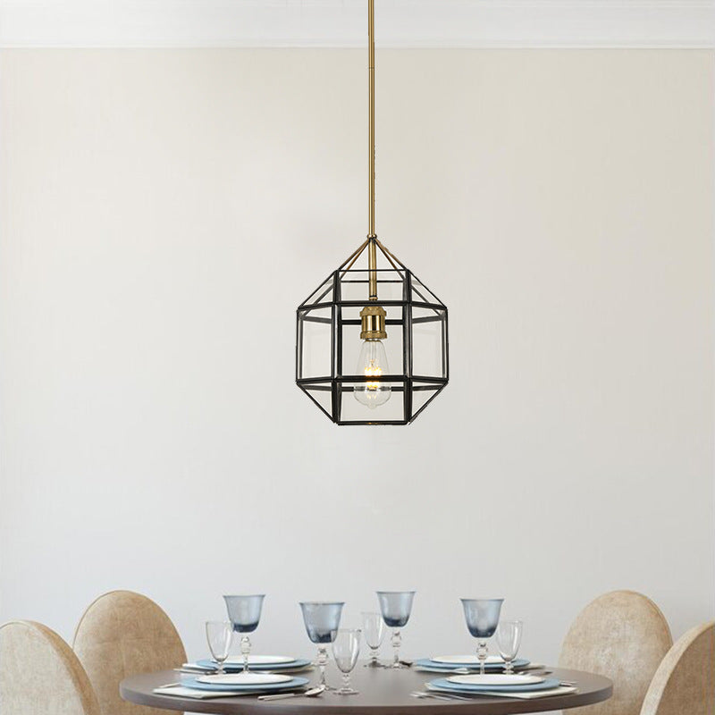 Contemporary Scandinavian Polygonal Cube Copper Glass Lampshade 1 - Light Pendant Light For Dining Room