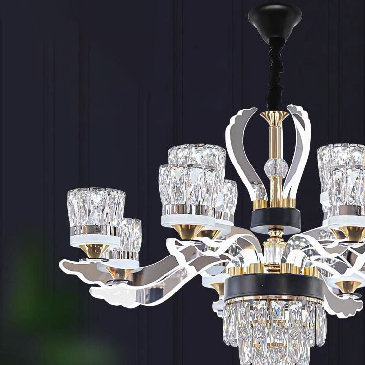 Modern Luxury Stainless Steel Acrylic Crystal Cylinder Lampshade LED Chandelier For Dining Room