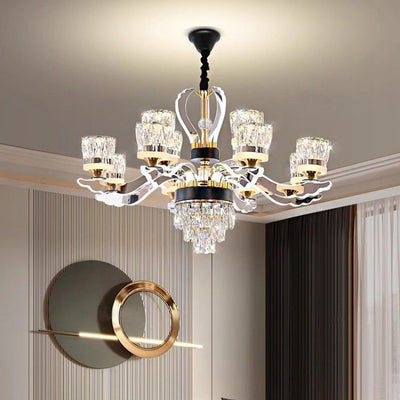 Modern Luxury Stainless Steel Acrylic Crystal Cylinder Lampshade LED Chandelier For Dining Room