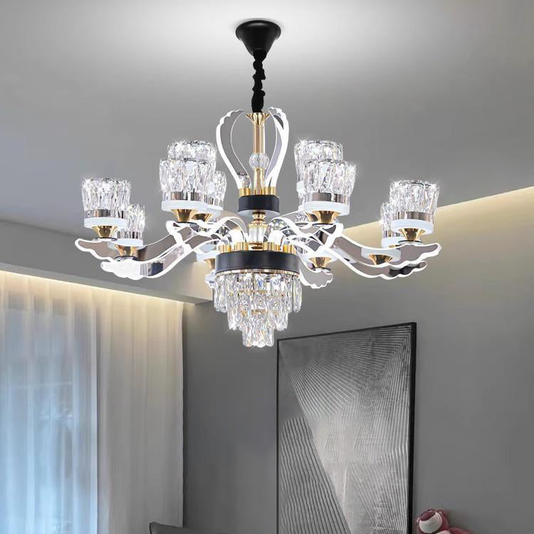 Modern Luxury Stainless Steel Acrylic Crystal Cylinder Lampshade LED Chandelier For Dining Room