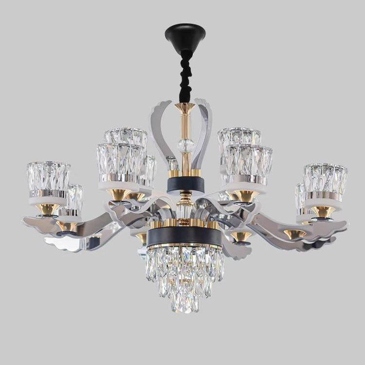 Modern Luxury Stainless Steel Acrylic Crystal Cylinder Lampshade LED Chandelier For Dining Room