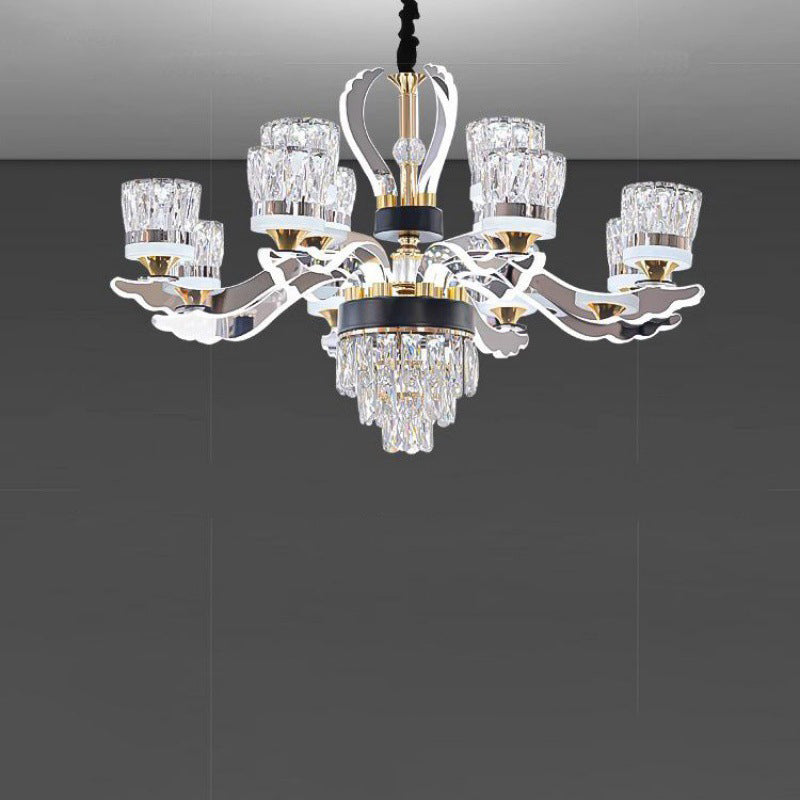 Modern Luxury Stainless Steel Acrylic Crystal Cylinder Lampshade LED Chandelier For Dining Room