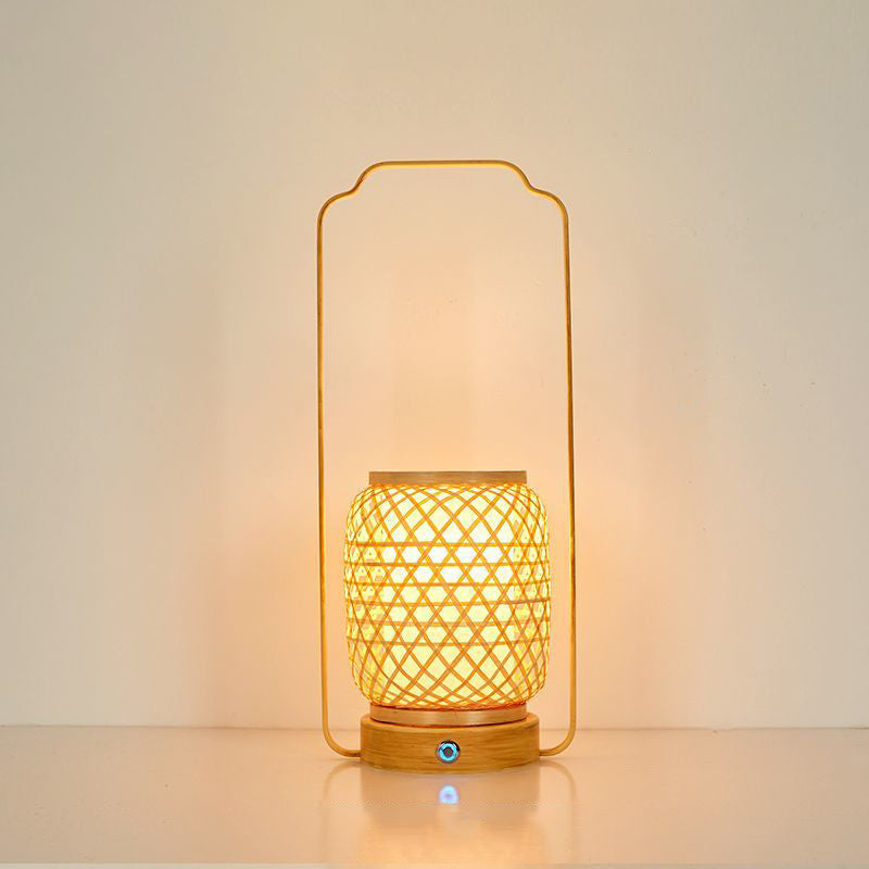 Traditional Japanese Cylinder Bamboo Weaving Glass Lampshade Round Solid Wood Base Portable 1 - Light Table Lamp For Dining Room