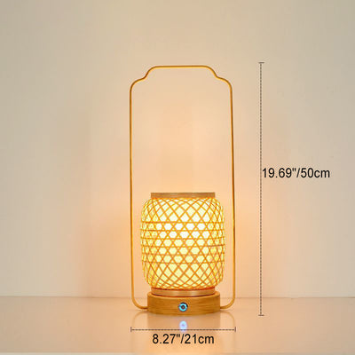 Traditional Japanese Cylinder Bamboo Weaving Glass Lampshade Round Solid Wood Base Portable 1 - Light Table Lamp For Dining Room