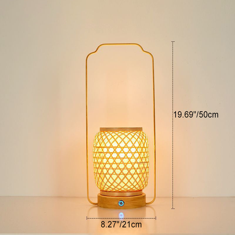 Traditional Japanese Cylinder Bamboo Weaving Glass Lampshade Round Solid Wood Base Portable 1 - Light Table Lamp For Dining Room