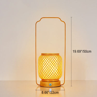 Traditional Japanese Cylinder Bamboo Weaving Glass Lampshade Round Solid Wood Base Portable 1 - Light Table Lamp For Dining Room