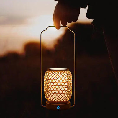 Traditional Japanese Cylinder Bamboo Weaving Glass Lampshade Round Solid Wood Base Portable 1 - Light Table Lamp For Dining Room