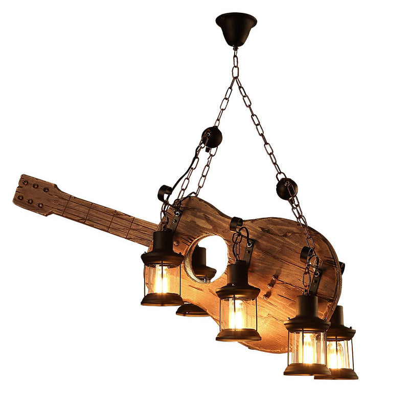 Contemporary Creative Guitar Shape Solid Wood Iron 6 - Light Chandelier For Bar