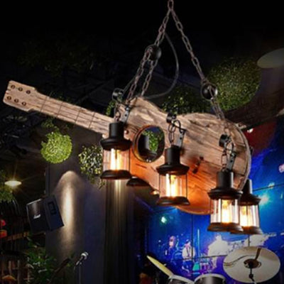 Contemporary Creative Guitar Shape Solid Wood Iron 6 - Light Chandelier For Bar