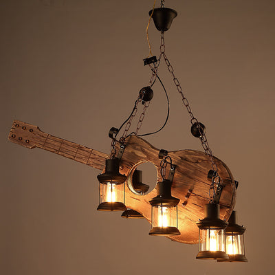 Contemporary Creative Guitar Shape Solid Wood Iron 6 - Light Chandelier For Bar