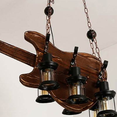 Contemporary Creative Guitar Shape Solid Wood Iron 6 - Light Chandelier For Bar