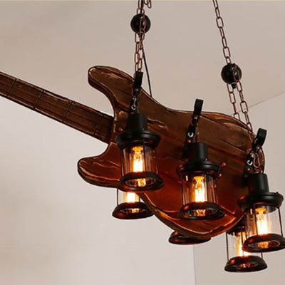 Contemporary Creative Guitar Shape Solid Wood Iron 6 - Light Chandelier For Bar