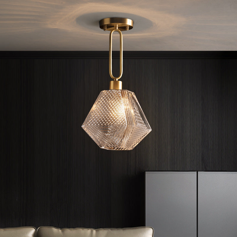 Contemporary Nordic Dome Polygonal Cube Full Copper Glass Lampshade 1 - Light Pendant Light For Living Room