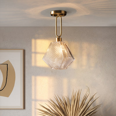 Contemporary Nordic Dome Polygonal Cube Full Copper Glass Lampshade 1 - Light Pendant Light For Living Room