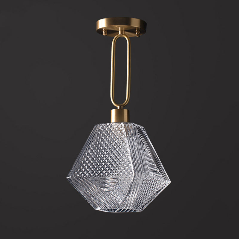 Contemporary Nordic Dome Polygonal Cube Full Copper Glass Lampshade 1 - Light Pendant Light For Living Room