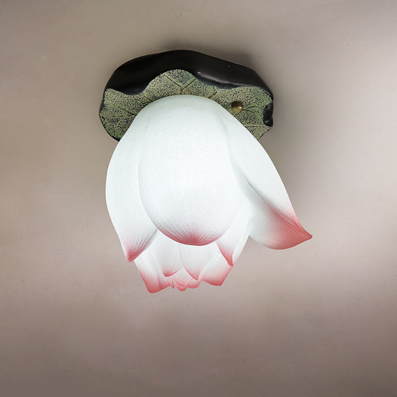 Traditional Chinese Lotus Shape Resin Hardware 1 - Light Semi-Flush Mount Ceiling Light For Living Room