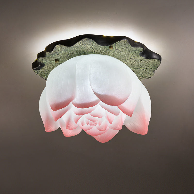 Traditional Chinese Lotus Shape Resin Hardware 1 - Light Semi-Flush Mount Ceiling Light For Living Room