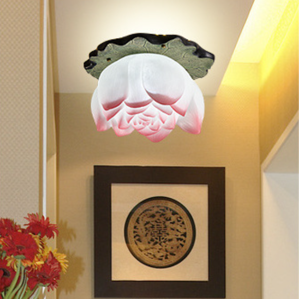 Traditional Chinese Lotus Shape Resin Hardware 1 - Light Semi-Flush Mount Ceiling Light For Living Room