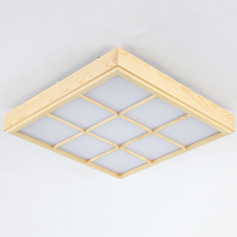 Traditional Japanese Square Cube Grid Pine Edge Acrylic Lampshade LED Flush Mount Ceiling Light For Living Room