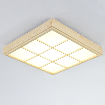 Traditional Japanese Square Cube Grid Pine Edge Acrylic Lampshade LED Flush Mount Ceiling Light For Living Room