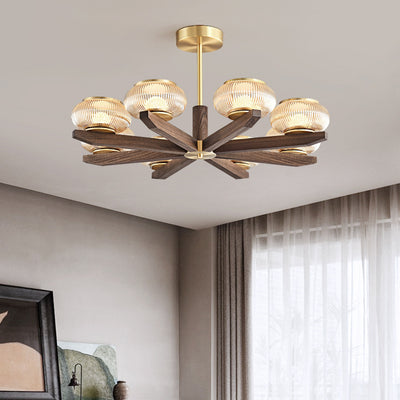 Contemporary Retro Dome Solid Wood Glass Lampshade Iron LED Chandelier For Living Room