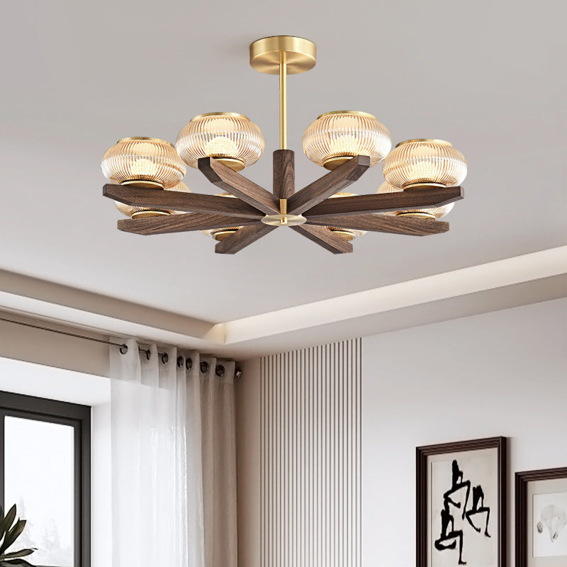 Contemporary Retro Dome Solid Wood Glass Lampshade Iron LED Chandelier For Living Room