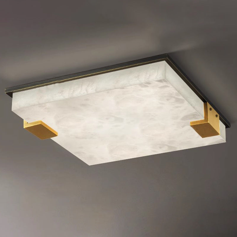 Modern Art Deco Square Full Marble Copper LED Flush Mount Ceiling Light For Bedroom