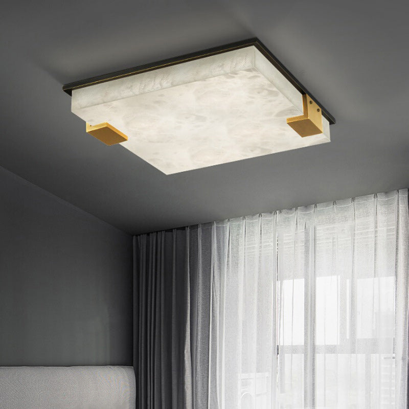 Modern Art Deco Square Full Marble Copper LED Flush Mount Ceiling Light For Bedroom