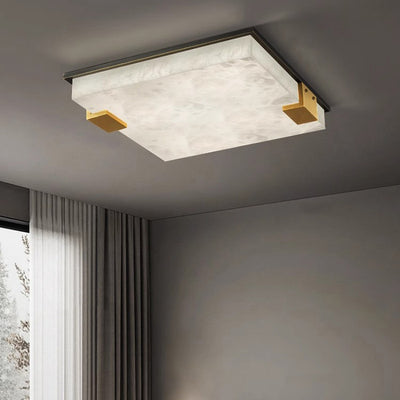 Modern Art Deco Square Full Marble Copper LED Flush Mount Ceiling Light For Bedroom