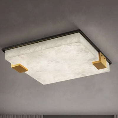 Modern Art Deco Square Full Marble Copper LED Flush Mount Ceiling Light For Bedroom