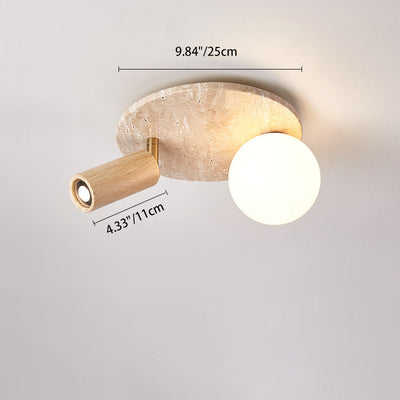 Traditional Japanese Round Yellow Travertine Solid Wood Glass Lampshade 2 - Light Semi-Flush Mount Light For Hallways