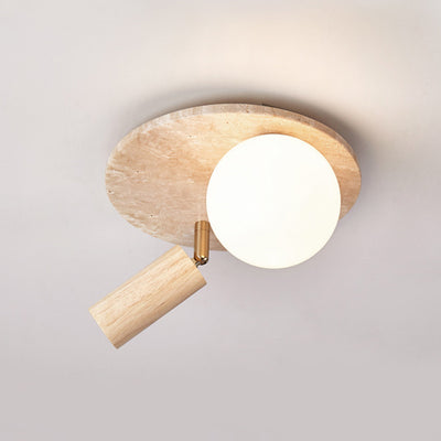 Traditional Japanese Round Yellow Travertine Solid Wood Glass Lampshade 2 - Light Semi-Flush Mount Light For Hallways