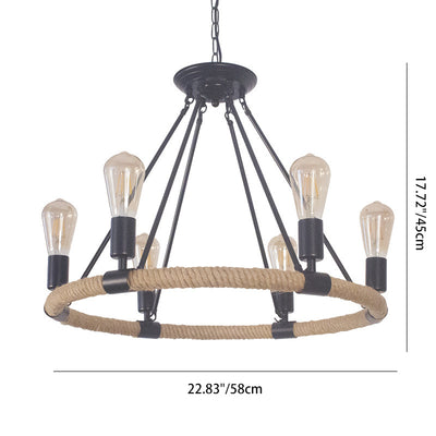 Traditional Farmhouse Round Hemp Rope Iron Hardware 6/8 - Light Chandeliers For Dining Room