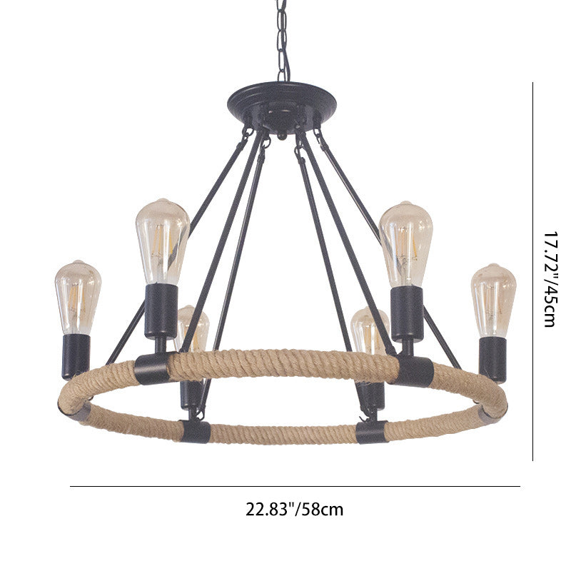 Traditional Farmhouse Round Hemp Rope Iron Hardware 6/8 - Light Chandeliers For Dining Room