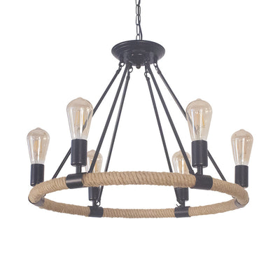 Traditional Farmhouse Round Hemp Rope Iron Hardware 6/8 - Light Chandeliers For Dining Room