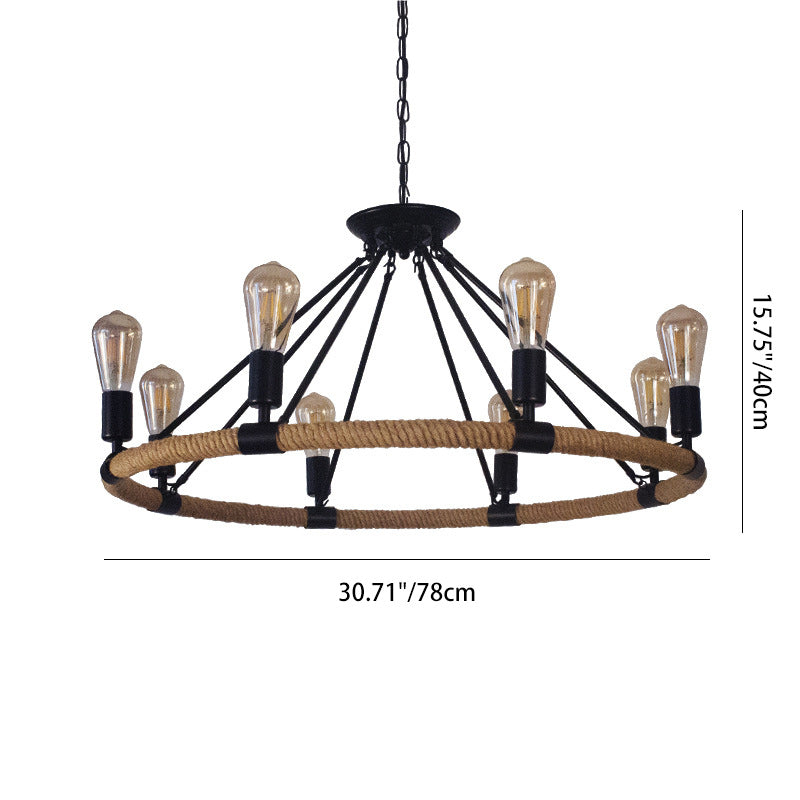 Traditional Farmhouse Round Hemp Rope Iron Hardware 6/8 - Light Chandeliers For Dining Room