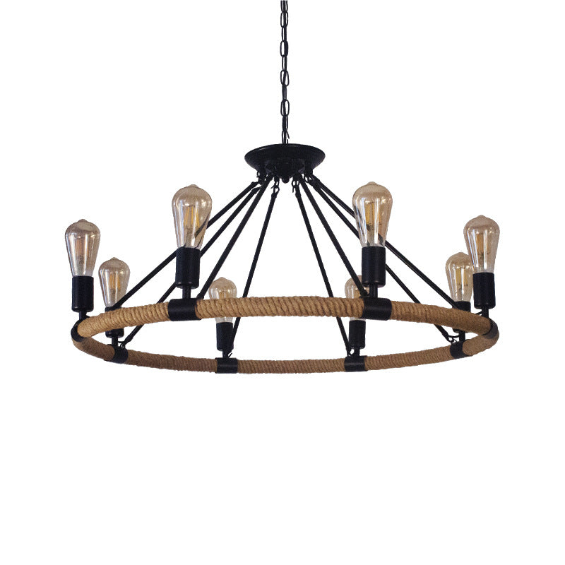 Traditional Farmhouse Round Hemp Rope Iron Hardware 6/8 - Light Chandeliers For Dining Room