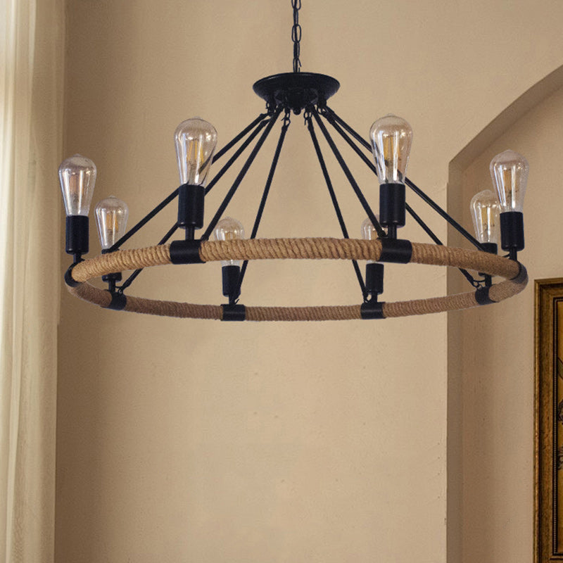 Traditional Farmhouse Round Hemp Rope Iron Hardware 6/8 - Light Chandeliers For Dining Room