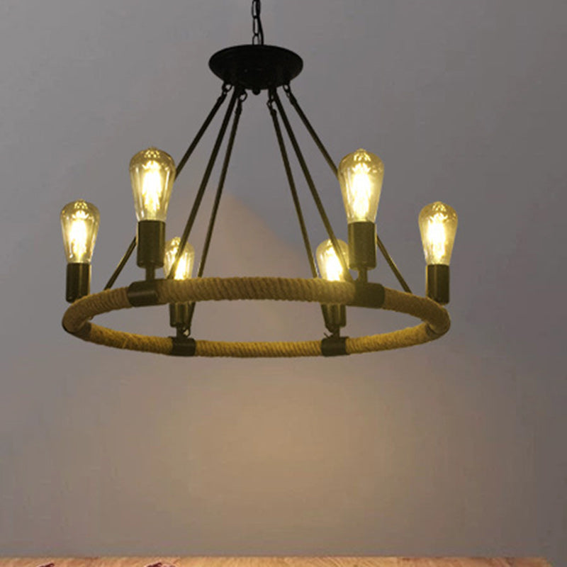 Traditional Farmhouse Round Hemp Rope Iron Hardware 6/8 - Light Chandeliers For Dining Room