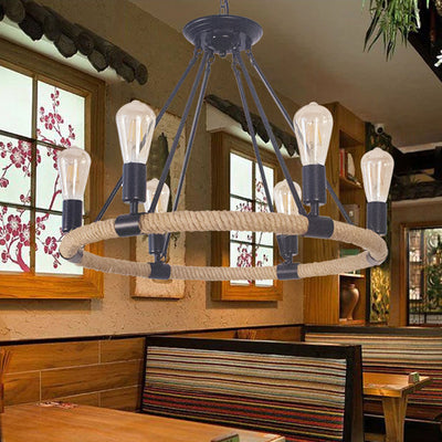 Traditional Farmhouse Round Hemp Rope Iron Hardware 6/8 - Light Chandeliers For Dining Room