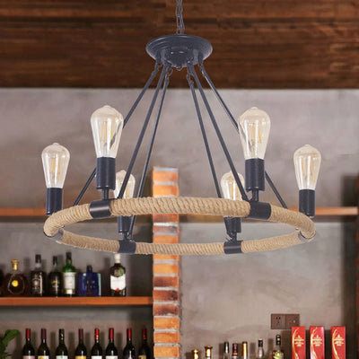 Traditional Farmhouse Round Hemp Rope Iron Hardware 6/8 - Light Chandeliers For Dining Room