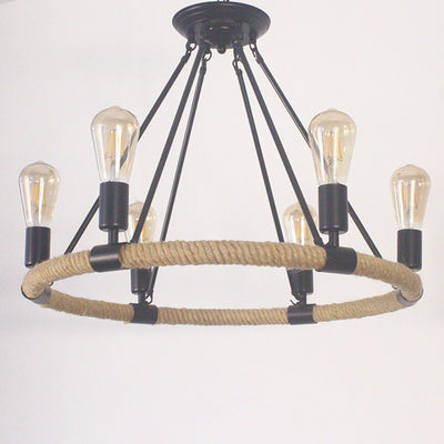 Traditional Farmhouse Round Hemp Rope Iron Hardware 6/8 - Light Chandeliers For Dining Room