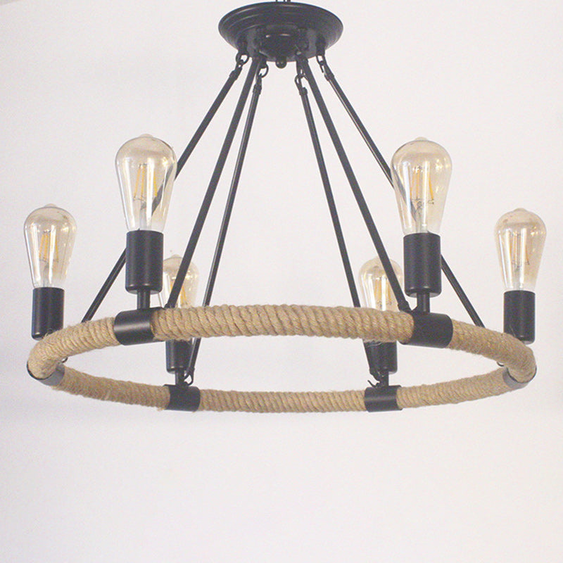 Traditional Farmhouse Round Hemp Rope Iron Hardware 6/8 - Light Chandeliers For Dining Room