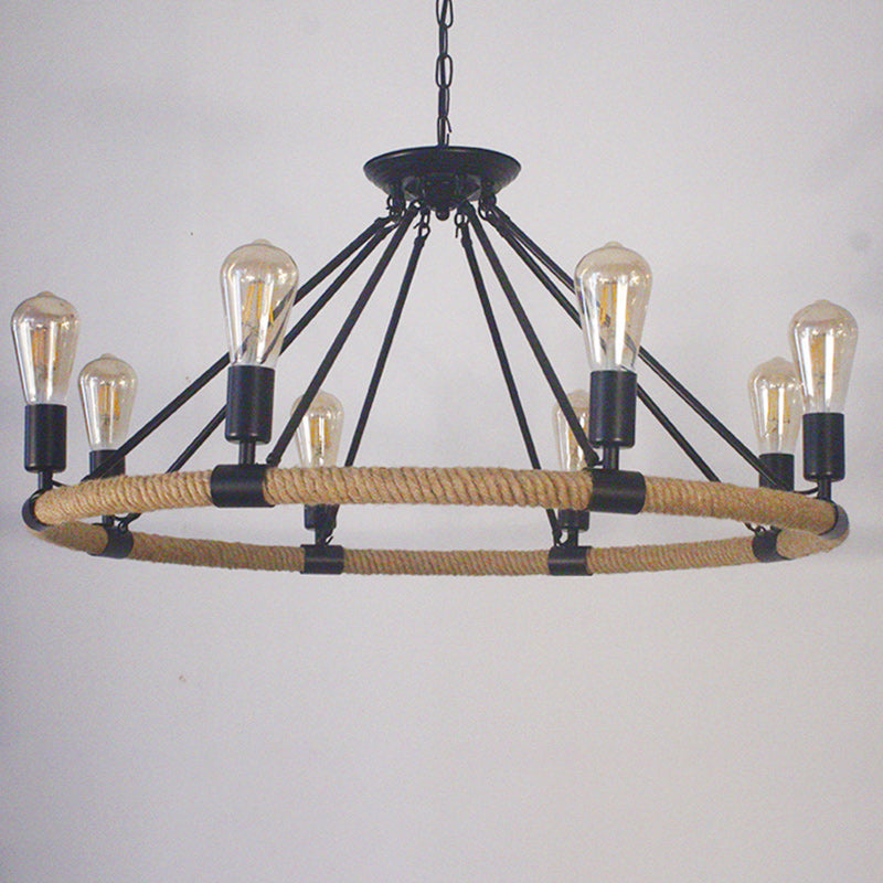 Traditional Farmhouse Round Hemp Rope Iron Hardware 6/8 - Light Chandeliers For Dining Room