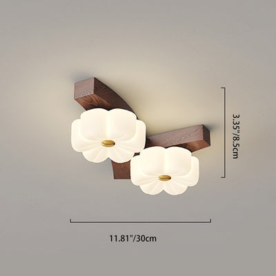 Contemporary Nordic Flowers PE Lampshade Rubber Wood LED Flush Mount Ceiling Light For Living Room